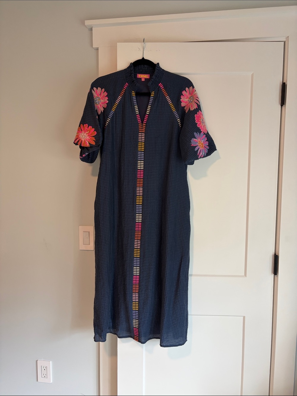 THML The Consistency Navy Embroidered Midi Dress with Tie Belt - Picture 5 of 10